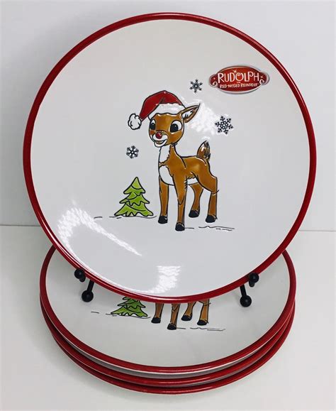 4 Salad Plates Rudolph The Red Nosed Reindeer Christmas Red Etsy