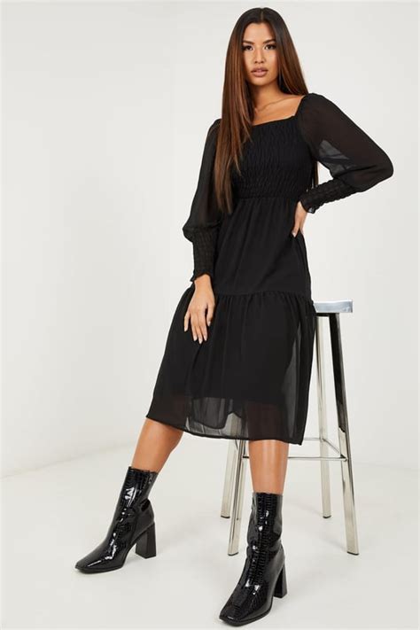 Black Chiffon Shirred Tiered Midi Dress