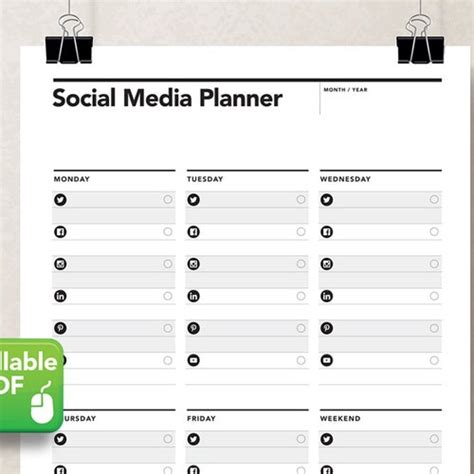 Social Media Content Planner Weekly Fillable Printable Etsy