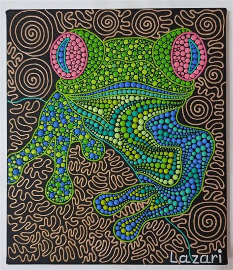 a painting of a frog with colorful dots on it's face and eyes, sitting in