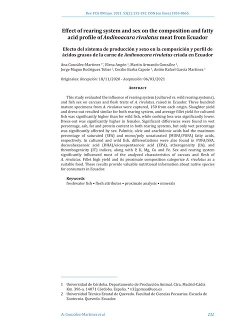 Pdf Effect Of Rearing System And Sex On The Composition And Fatty Acid Profile Of Andinoacara