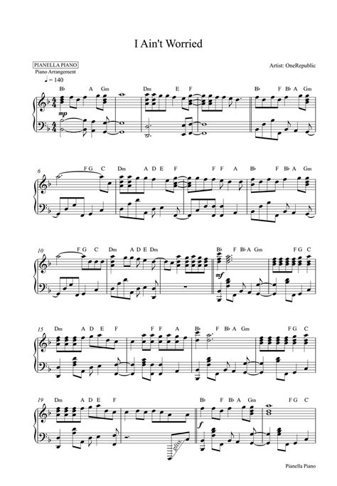 Onerepublic I Ain T Worried Piano Sheet By Pianella Piano B N Nh C