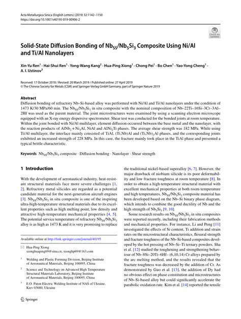 Pdf Solid State Diffusion Bonding Of Nbssnb5si3 Composite Using Ni