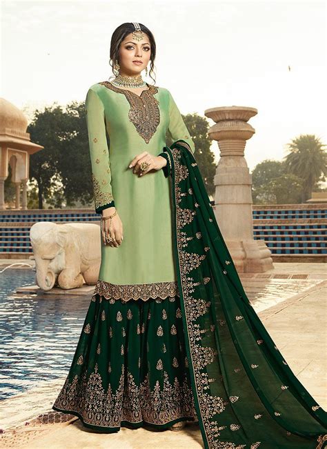 Green Ethic Embroidered Pakistani Gharara Suit Sharara Designs