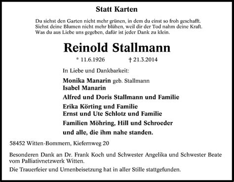 Traueranzeigen Von Reinold Stallmann Trauer In NRW De