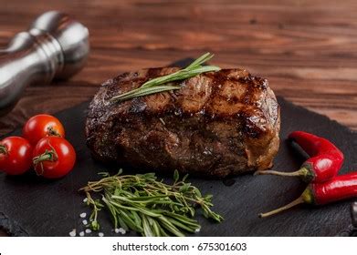 Grilled Black Angus Steak Tomatoes Garlic Stock Photo