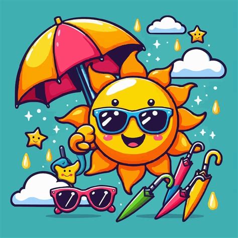 Premium Vector A Cartoon Sun With Sunglasses And An Umbrella With A