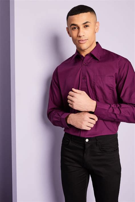 Men S Polycotton Long Sleeve Semi Cutaway Collar Shirt Plum Simon Jersey