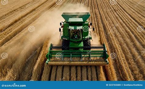 Top View Grain Harvester With Large Header Harvests In Yellow Wheat