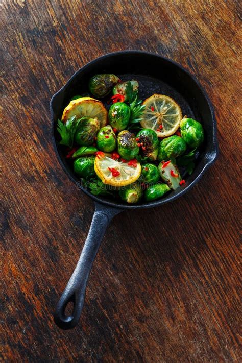 Fried Broccoli Served Frying Pan Top View Healthy Vegetarian Foo Stock