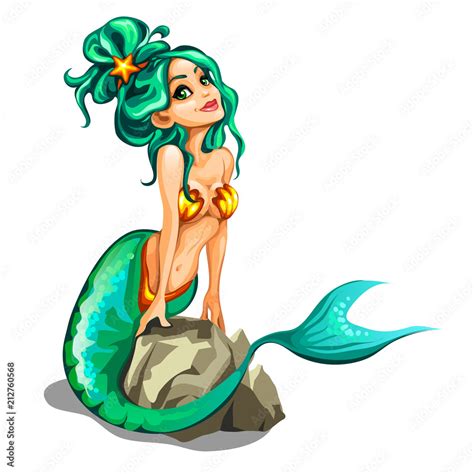 Vecteur Stock Sexy Mermaid With Green Hair Sitting On A Stone Isolated On White Background