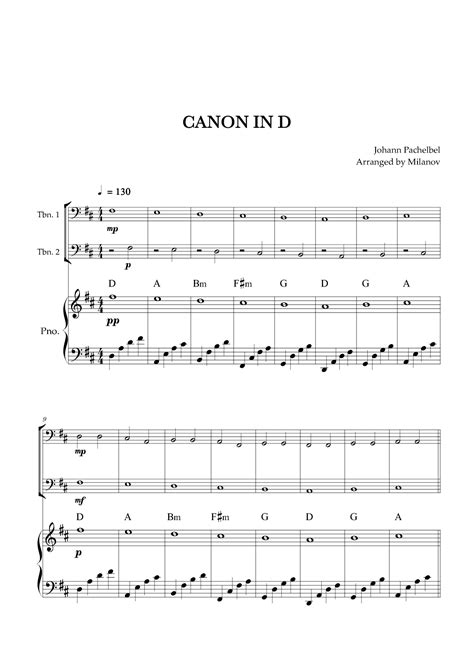 Canon In D Pachelbel Trombone Duet Piano Accompaniment Arr Milanov Sheet Music Johann