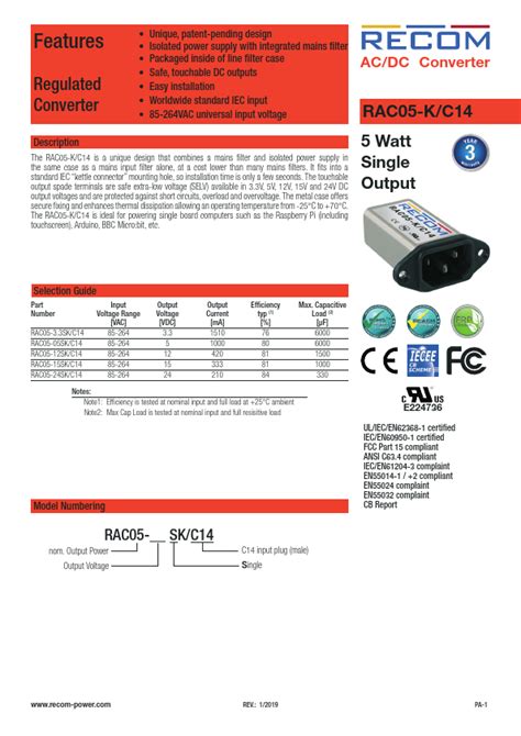 Rac Sk C Datasheet Pdf Recom