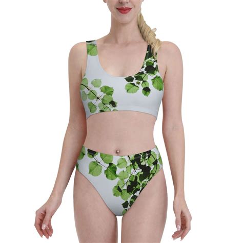 Fotbe Women S Watercolor Green Leaves Print Bikini High Waisted