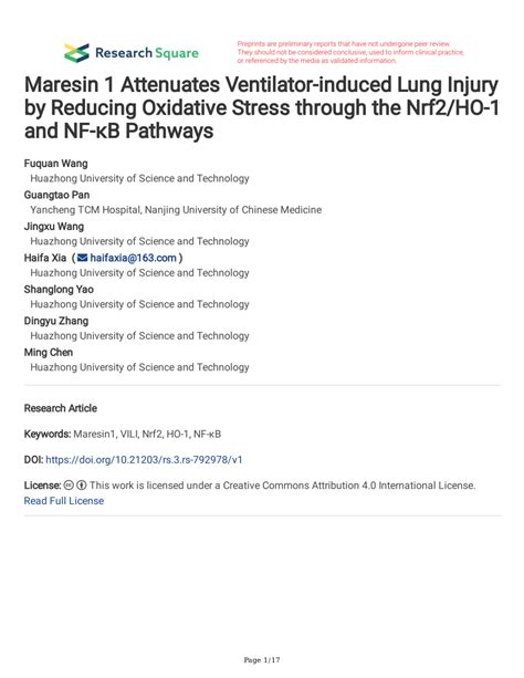 PDF Maresin 1 Attenuates Ventilator Induced Lung Injury By Reducing