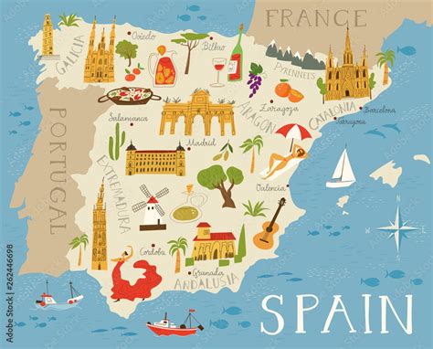 Vector high detailed vector map of Spain with cities and symbols of ...