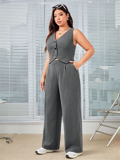 SHEIN EZwear Plus Size Women S Gray Woven Vest And Pants Suit Two