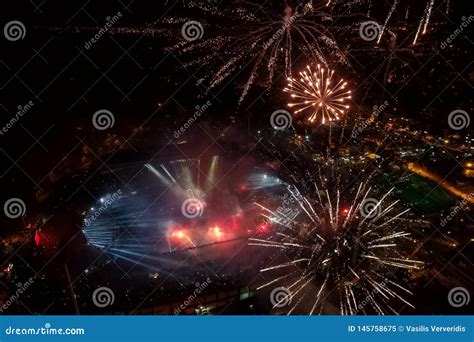 Aerial Shoot Of The Toumba Stadium With Fireworks Editorial Image