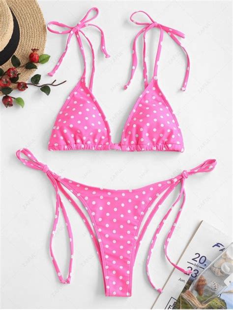 Off Zaful Polka Dot String Bikini Set In Hot Pink Zaful