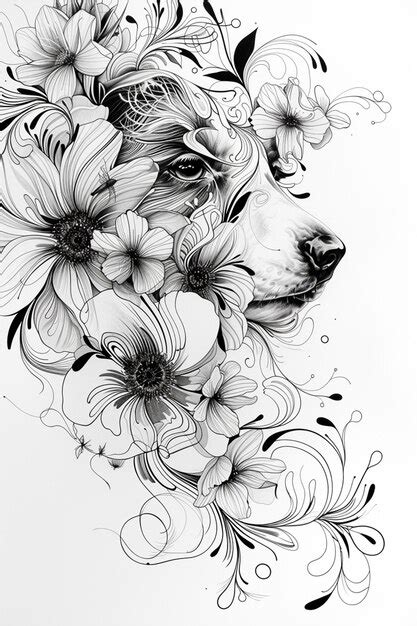 Un Dibujo De Un Perro Con Flores En Su Cabeza Generativo Ai Foto Premium