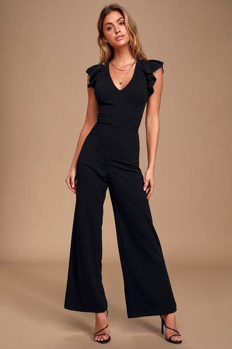 Power Play Black Ruffled Backless Wide Leg Jumpsuit Dressy Rompers