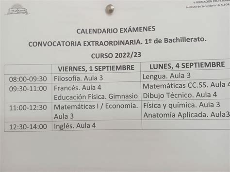 Calendario Ex Menes Extraordinarios De Septiembre Bachillerato