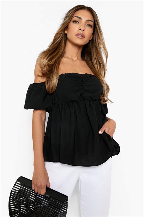 Black Off Shoulder Peplum Top Boohoo Uk