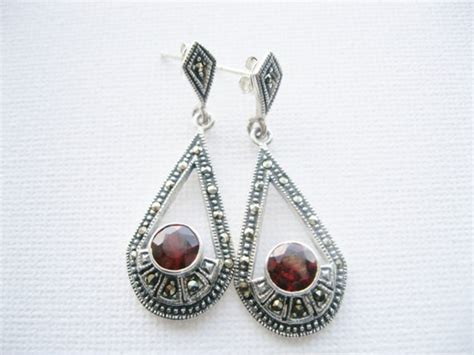 Sterling Silver And Marcasite Dangle Earrings Ruby Red