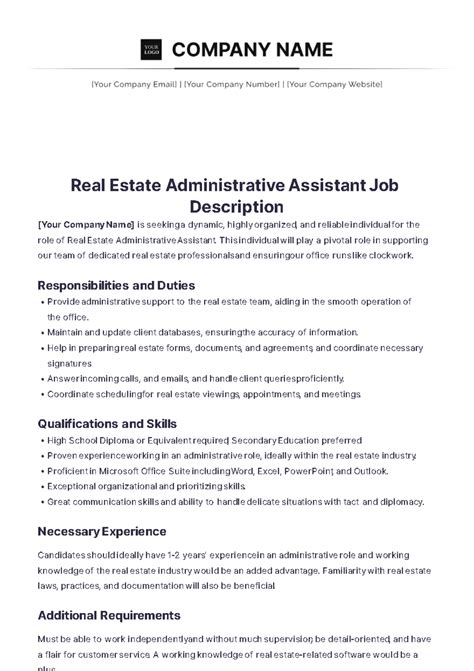 Free Real Estate Administrative Assistant Job Description Template Edit Online And Download