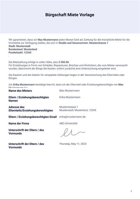 buergschaft miete vorlage  vorlagen jotform