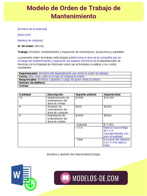 Modelo De Orden De Trabajo De Mantenimiento Pdf