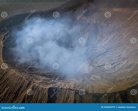 Aerial Landscape Of Active Bromo Volcano Crater In East Java Indonesia