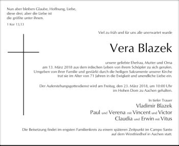 Traueranzeigen Von Vera Blazek Aachen Gedenkt