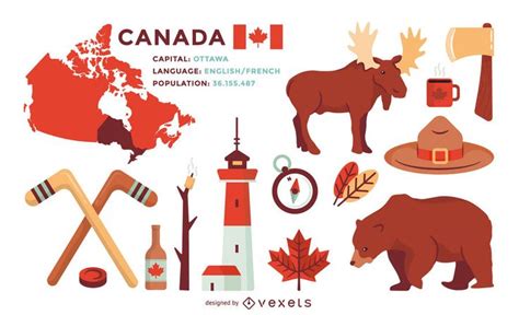 Set Of Illustration Featuring Typical Canadian Elements Such As The