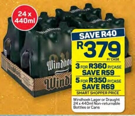 Windhoek Lager Or Draught 24 X 440ml Non Returnable Bottles Or Cans