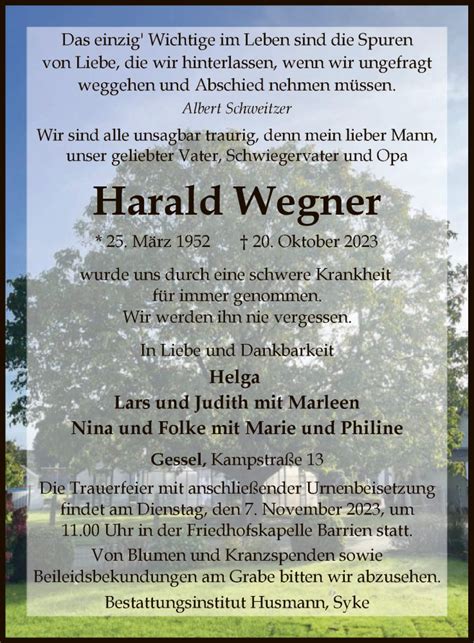 Traueranzeigen Von Harald Wegner Trauer Kreiszeitung De