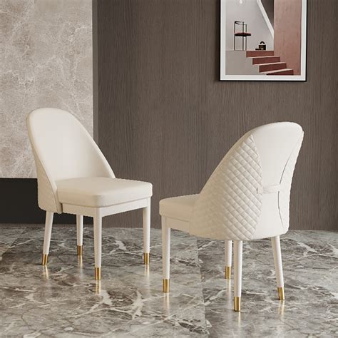 Modern Minimalist Beige Faux Leather Dining Chair In Solid Wood Frame