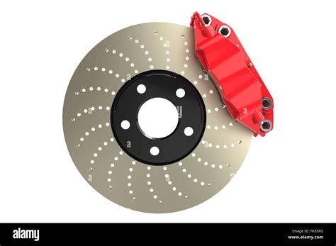 Brake Disc And Red Caliper From A Racing Car Isolated On White
