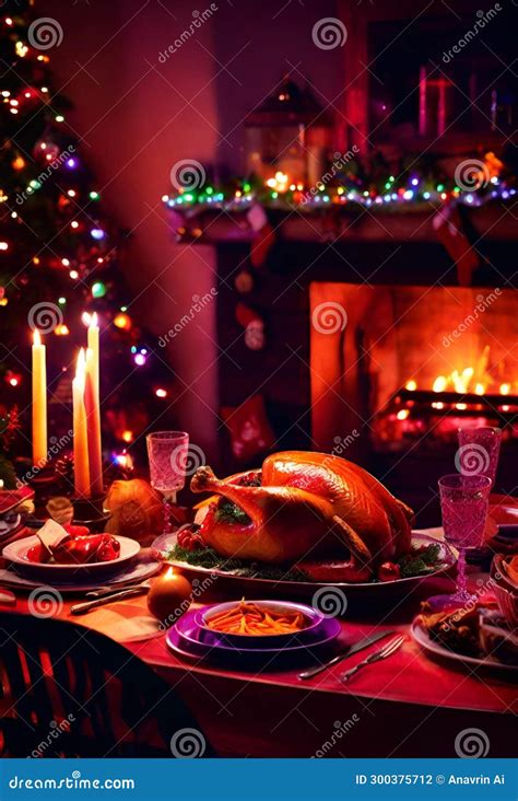 Indoor Christmas Scene A Dining Table With Typical Christmas Foods Ai