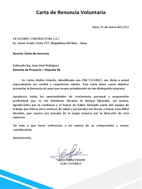 Modelo De Carta De Renuncia Voluntaria Venezuela