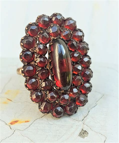 Victorian Bohemian Garnet Rose Cut Cabochon Large Cluster Ring Etsy