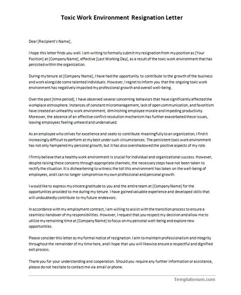 Toxic Work Environment Resignation Letter Template