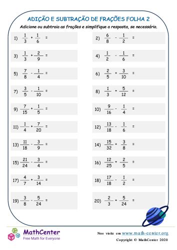 Adição Subtração De Frações Folha 2 Planilhas Math Center