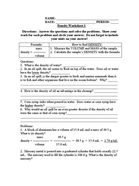 Density Practice Problem Worksheets Answers Key