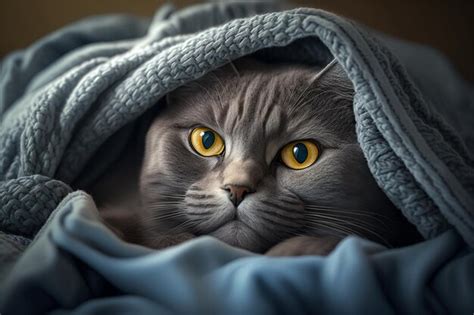 Premium Ai Image Chartreux Cat Snuggled Up In A Fuzzy Blanket On A Bed