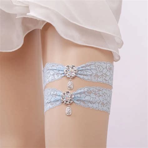 Wedding Garter Rhinestone Lace Flower Blue Sexy Garters Pcs Set For