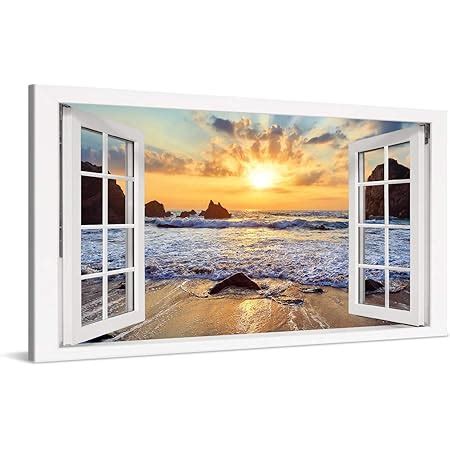 LuxHomeDecor Quadro Finestra Palme Isola Tropicale Mare 100x75 Cm