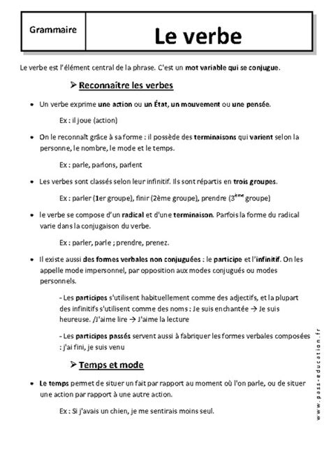 Verbe 6ème Cours Temps et mode Reconnaître les verbes Pass