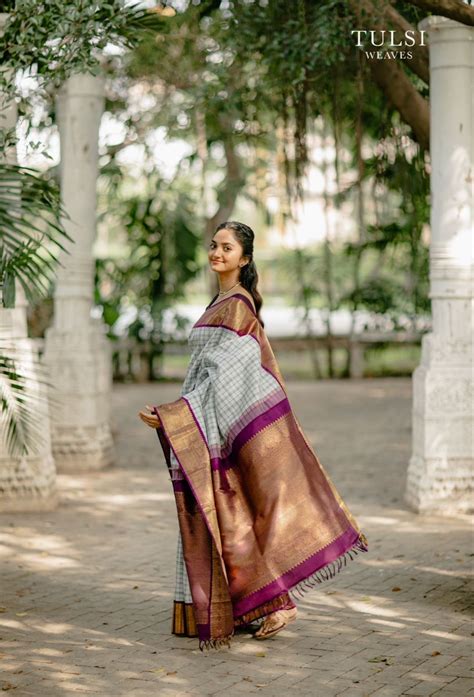 Checked White Grey Kanjeevaram Saree With Purple Border