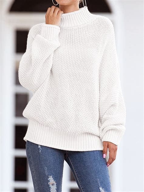 Wei Hoher Stehkragen Rollkragen Langarm Oversize Strickpullover Pulli